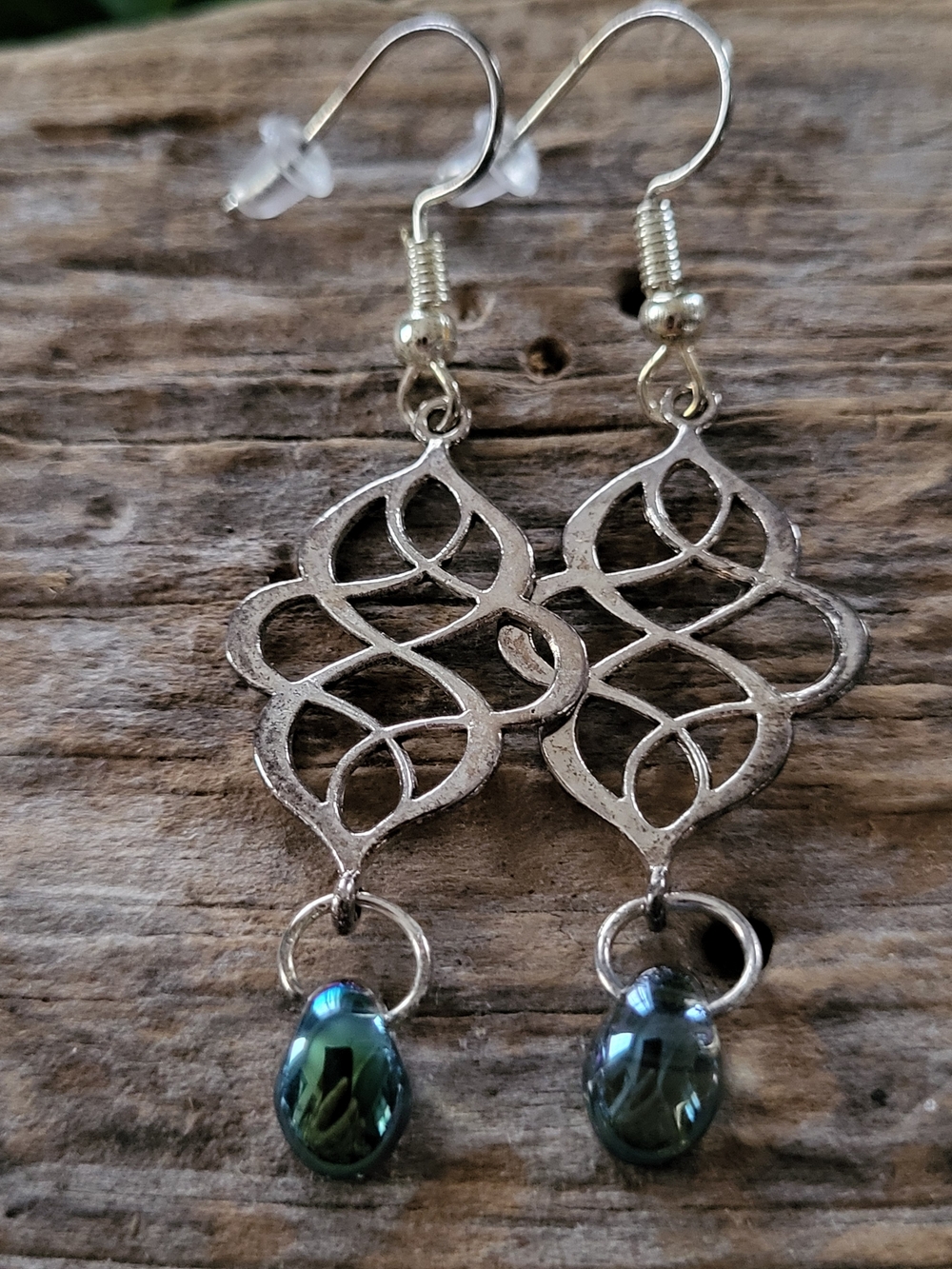 Silver Filigree Dangle Earrings with Teal Glass Drops